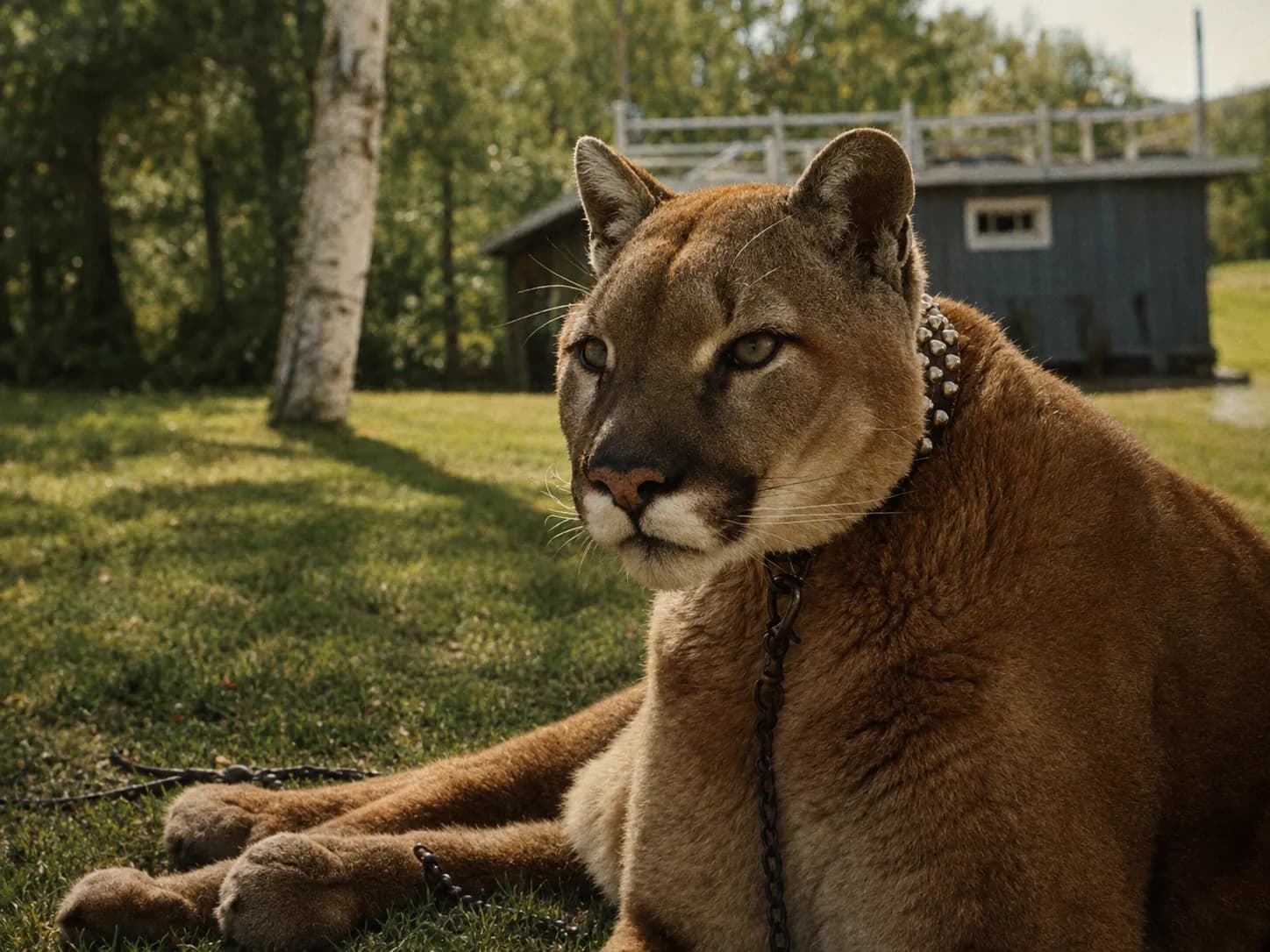 Chimo the mountain lion resting on the grass in Alberta, Canada